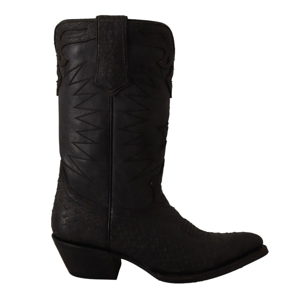ASH Black Snakeskin Leather Women Mid Calf Cowboy Shoes - Picture 2 of 6